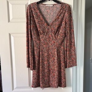 Lush Black, Orange and White Floral Dress With Long Bell Sleeves